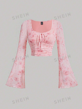 Tie Dye Knot Front Flounce Sleeve Crop Top