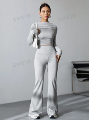 Boat Neckline Pleated Slim Fit Top And Wide Leg Pants Two Piece Set