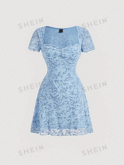 Floral Print Ruched Bust Palace Square Collar Flocking Blue Dress