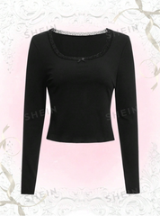 Solid Contrast Lace Ribbed Tee