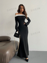 Contrast Off Shoulder Bell Sleeve Bodycon Long Black Dress With Sleeves