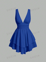 Solid Ruched Bust Two Layer Hem Dress