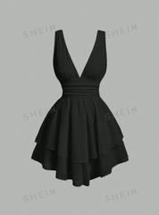 Solid Ruched Bust Two Layer Hem Dress