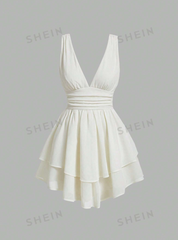 Solid Ruched Bust Two Layer Hem Dress