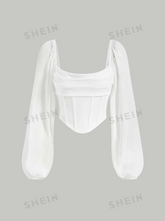 Lantern Sleeve Ruched Scoop Neck Asymmetrical Hem