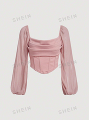 Lantern Sleeve Ruched Scoop Neck Asymmetrical Hem