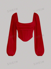 Lantern Sleeve Ruched Scoop Neck Asymmetrical Hem