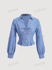 Striped Lantern Sleeve Shirt With Bust Pleats