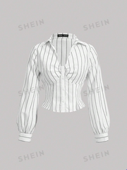 Striped Lantern Sleeve Shirt With Bust Pleats