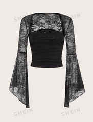 Contrast Lace Flare Sleeve Ruched Blouse