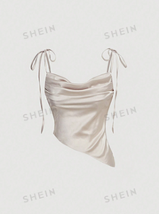 Tie Shoulder Draped Collar Slim Fit Asymmetrical Hem Satin Top