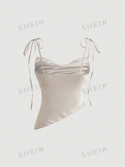 Tie Shoulder Draped Collar Slim Fit Asymmetrical Hem Satin Top