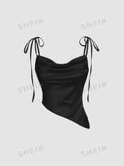 Tie Shoulder Draped Collar Slim Fit Asymmetrical Hem Satin Top