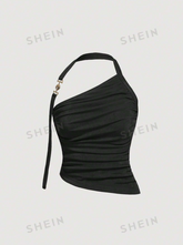 Solid Ruched Halter Black Metal Trim Top With Irregular Hem