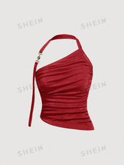 Solid Ruched Halter Black Metal Trim Top With Irregular Hem