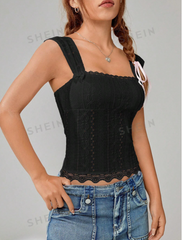 Lace Trim Bow Detail Wide Strap Top