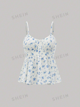 Ditsy Floral Ruched Bust Fake Button Tie Back Summer Ruffle Cami Top