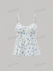 Ditsy Floral Ruched Bust Fake Button Tie Back Summer Ruffle Cami Top