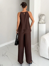 Elegant Dark Brown Summer Ruffled Camisole And Wide Leg Pants Set,2 Pieces