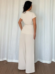 Elegant Wrap-Style Batwing Sleeve Blouse + Wide Leg Loose Pants 2-Piece Set
