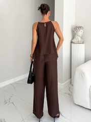 Elegant Dark Brown Summer Ruffled Camisole And Wide Leg Pants Set,2 Pieces
