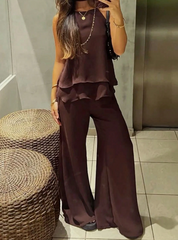 Elegant Dark Brown Summer Ruffled Camisole And Wide Leg Pants Set,2 Pieces