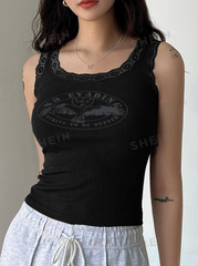 Eagle & Letter Graphic Lace Trim Tank Top