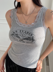 Eagle & Letter Graphic Lace Trim Tank Top
