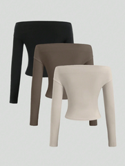 3-Piece Set Women Tops: Open Shoulder Long Sleeve, Form-Fitting Cropped Tops