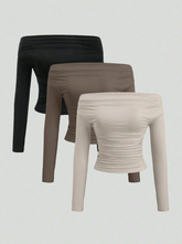 3-Piece Set Women Tops: Open Shoulder Long Sleeve, Form-Fitting Cropped Tops