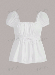 Square Neck Puff Sleeve Tie Front Top