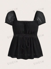 Square Neck Puff Sleeve Tie Front Top