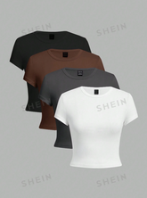 Solid Color Short Crop Tight-Fitting T-Shirt 4pcs