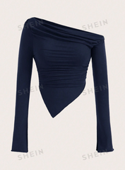 Solid Color Asymmetrical Collar Pleated T-Shirt