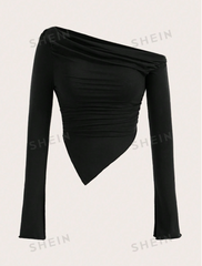 Solid Color Asymmetrical Collar Pleated T-Shirt