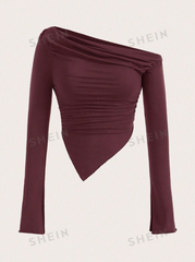 Solid Color Asymmetrical Collar Pleated T-Shirt