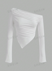 Solid Color Asymmetrical Collar Pleated T-Shirt