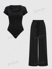 Asymmetric Hem Top And Pants Two Piece Set