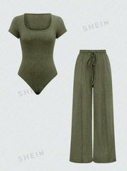 Asymmetric Hem Top And Pants Two Piece Set