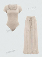 Asymmetric Hem Top And Pants Two Piece Set