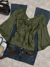 Autumn Simple Solid Color Front Tie Flare Sleeve Shirt