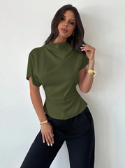 Crinkle Collar Asymmetrical Sleeve Top