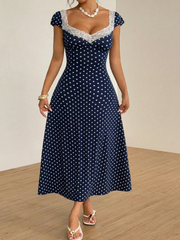 Patchwork Lace Trim Heart Collar Puffy Short Sleeve Dress