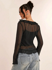 Black Elegant Spring Sheer Chiffon Ruffled Flare Sleeve Blouse