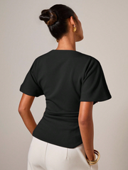 Elegant Ruched Round Neck T-Shirt, Suitable For All Seasons