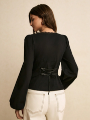 Elegant Square Neck Collar Twist Lantern Sleeve Fitted Blouse