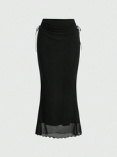 Women's Mesh Ribbon Tie Design Mermaid Hem Long Skirt
