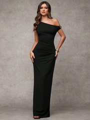 Elegant Asymmetric Shoulder Metal Embellished Maxi Dress