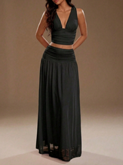 Elegant V-Neck Camisole And High-Waisted Mesh Skirt 2-Piece Set
