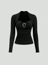 Autumn Metal Decor Button Hollow Out Women T-Shirt